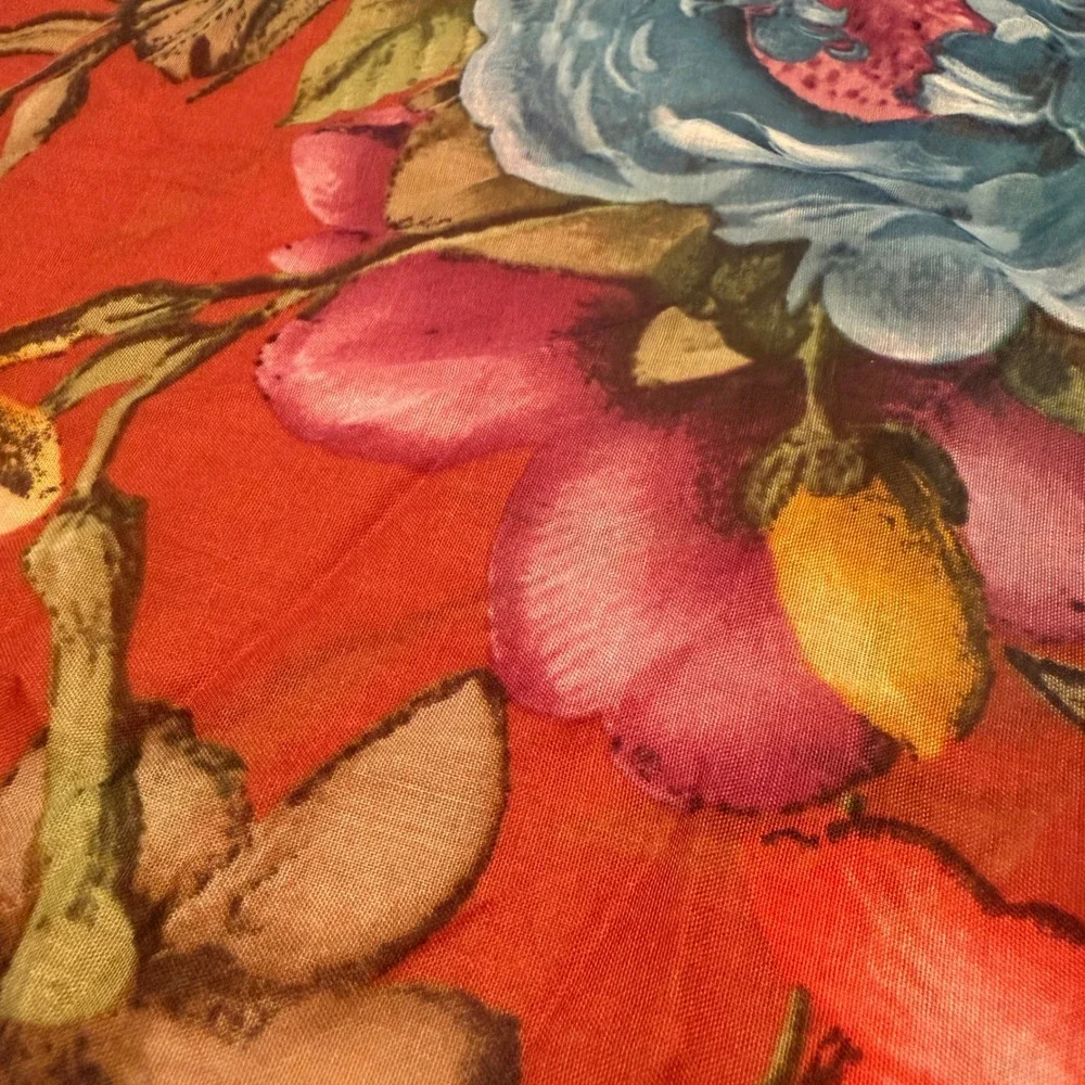 Vintage Red Floral Sheer Scarf Large Rectangular Gauze Flower Print 38x36